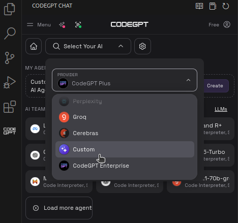 Custom provider under Select Your AI dropdown menu